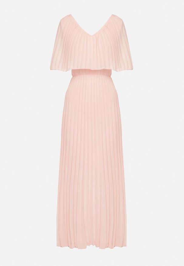 Born2be - Jasnoróżowa Sukienka Plisowana z Szeroką Falbaną Przy Dekolcie Dinara. Kolor: różowy. Styl: wizytowy. Długość: maxi