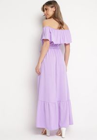 Born2be - Fioletowa Sukienka o Rozkloszowanym Fasonie z Hiszpańskim Dekoltem i Materiałowym Paskiem Nacara. Okazja: na co dzień. Kolor: fioletowy. Materiał: materiał. Długość rękawa: krótki rękaw. Sezon: lato. Typ sukienki: proste. Styl: casual #6