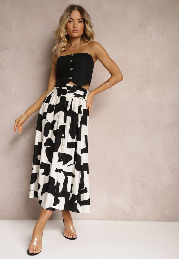 Renee - Czarno-Biała Rozkloszowana Spódnica High Waist z Gumką w Talii i Guzikami Tinasshi. Stan: podwyższony. Kolor: czarny. Materiał: tkanina. Sezon: lato