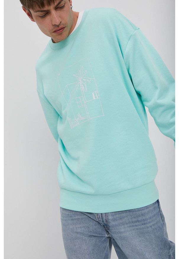 adidas Originals Bluza bawełniana męska kolor turkusowy z nadrukiem. Okazja: na co dzień. Kolor: turkusowy. Materiał: bawełna. Wzór: nadruk. Styl: casual