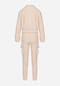 Born2be - Beżowy Komplet Dresowy w Stylu Cargo Bluza na Suwak i Joggery Sitene. Kolor: beżowy. Materiał: dresówka. Sport: turystyka piesza