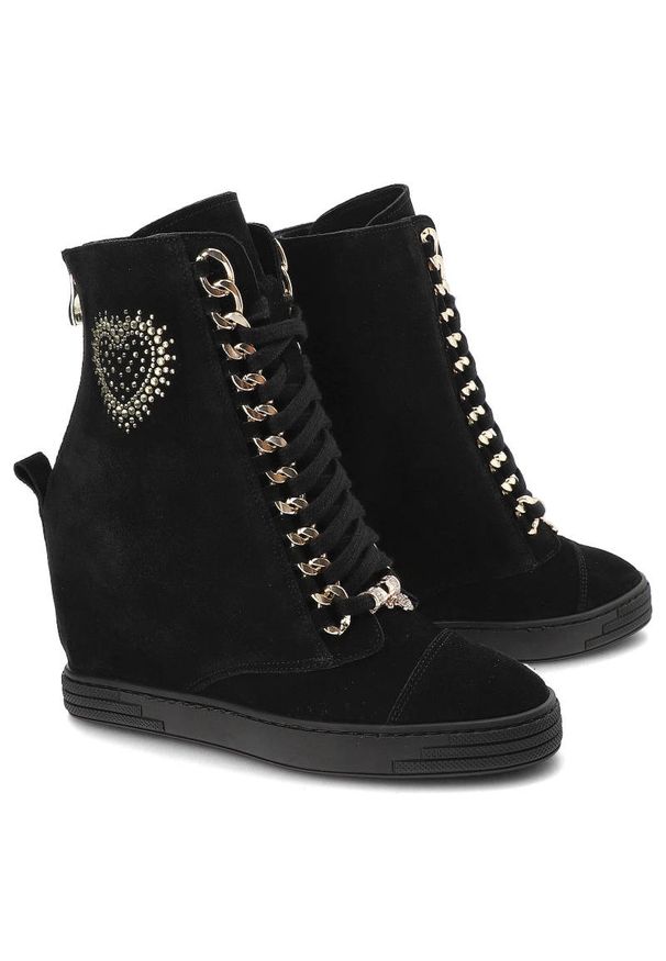 DAMISS - Czarne Sneakersy Damiss Wygodne Buty Damskie Na Koturnie. Kolor: czarny. Materiał: skóra, welur. Szerokość cholewki: normalna. Wzór: aplikacja. Obcas: na koturnie