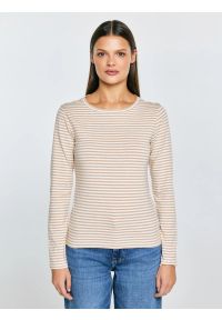Big-Star - Bluzka damska w paski kremowa Vensa 103. Okazja: na co dzień. Kolor: kremowy. Materiał: materiał, dzianina, jeans. Długość rękawa: długi rękaw. Długość: długie. Wzór: paski. Styl: casual, elegancki #1