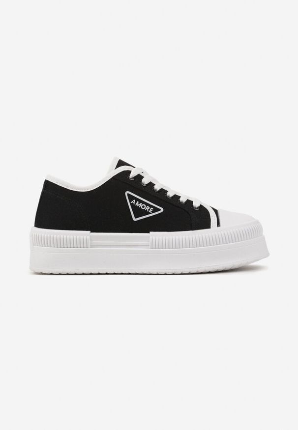 Born2be - Czarne Trampki na Platformie z Naszywką na Boku Alimiora. Kolor: czarny. Wzór: aplikacja. Obcas: na platformie. Styl: elegancki