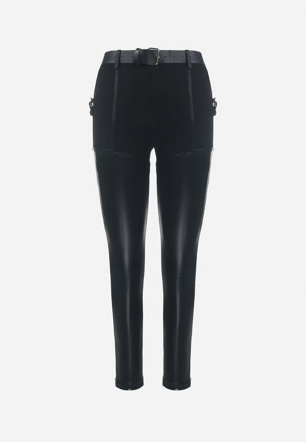 Born2be - Czarne Spodnie Skinny z Ekoskóry i Paskiem Elenntisa. Kolor: czarny. Materiał: tkanina, dzianina
