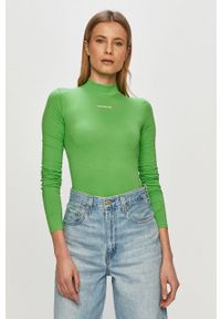 Calvin Klein Jeans - Longsleeve. Okazja: na co dzień. Kolor: zielony. Materiał: bawełna, dzianina, elastan. Długość rękawa: długi rękaw. Wzór: gładki. Styl: casual #1