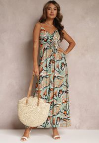 Renee - Zielono-Czarna Rozkloszowana Sukienka z Wiskozy w Fantazyjny Print Eirlina. Kolor: zielony. Materiał: wiskoza. Długość rękawa: na ramiączkach. Wzór: nadruk. Sezon: lato. Typ sukienki: kopertowe #5