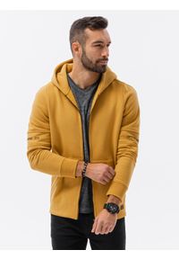 Ombre Clothing - Bluza męska rozpinana hoodie z nadrukami - musztardowa V2 B1423 - S. Kolor: żółty. Materiał: bawełna, poliester, elastan. Wzór: nadruk #1