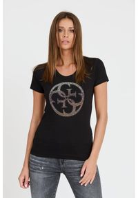 Guess - GUESS Czarny damski t-shirt 4G LOGO TEE, Rozmiar S. Kolor: czarny