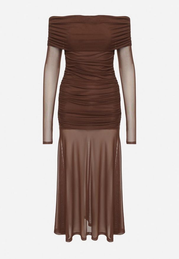 Born2be - Brązowa Taliowana Sukienka Typu Hiszpanka z Transparentnymi Wstawkami Halacia. Typ kołnierza: dekolt hiszpanka. Kolor: brązowy. Styl: elegancki