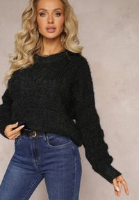 Renee - Czarny Luźny Sweter z Miękkiej Dzianiny Misgannis. Kolor: czarny. Materiał: dzianina. Wzór: ze splotem #4