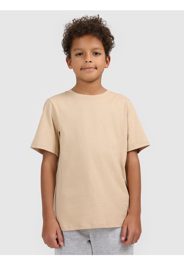 4f - 4F T-shirt regular gładki chłopięcy - beżowy 122 (6-7 lat). Okazja: na co dzień, na spacer, na uczelnię. Kolor: beżowy. Materiał: materiał, bawełna, dresówka, jeans. Wzór: gładki. Sezon: lato. Styl: klasyczny, casual
