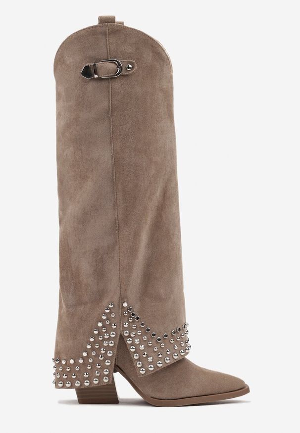 Renee - Ciemnobeżowe Kozaki w Stylu Kowbojek z Nitami i Wywiniętą Cholewką Irimora. Okazja: na co dzień. Kolor: beżowy. Materiał: jeans. Szerokość cholewki: normalna. Styl: casual
