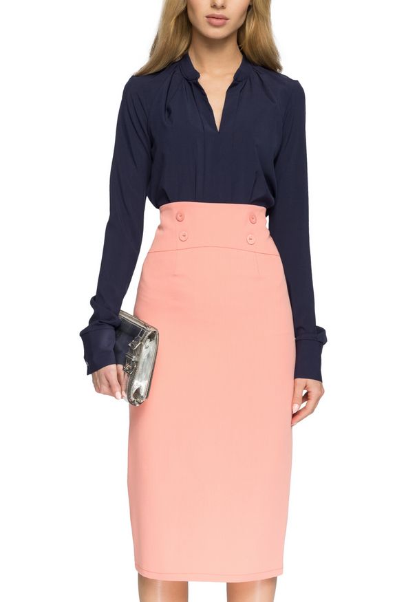 Style - Elegancka spódnica midi z guzikami w pasie. Okazja: do pracy. Styl: elegancki