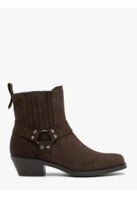 Ryłko - Brązowe sztyblety biker boots ze skóry welurowej. Wysokość cholewki: za kostkę. Kolor: brązowy. Materiał: welur, skóra. Szerokość cholewki: normalna. Sezon: wiosna, jesień. Obcas: na obcasie. Styl: street. Wysokość obcasa: średni