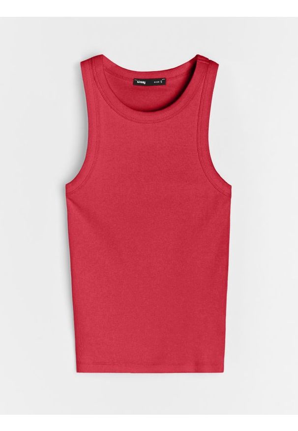 Sinsay - Bawełniany prążkowany top basic - czerwony. Kolor: czerwony. Materiał: prążkowany, bawełna