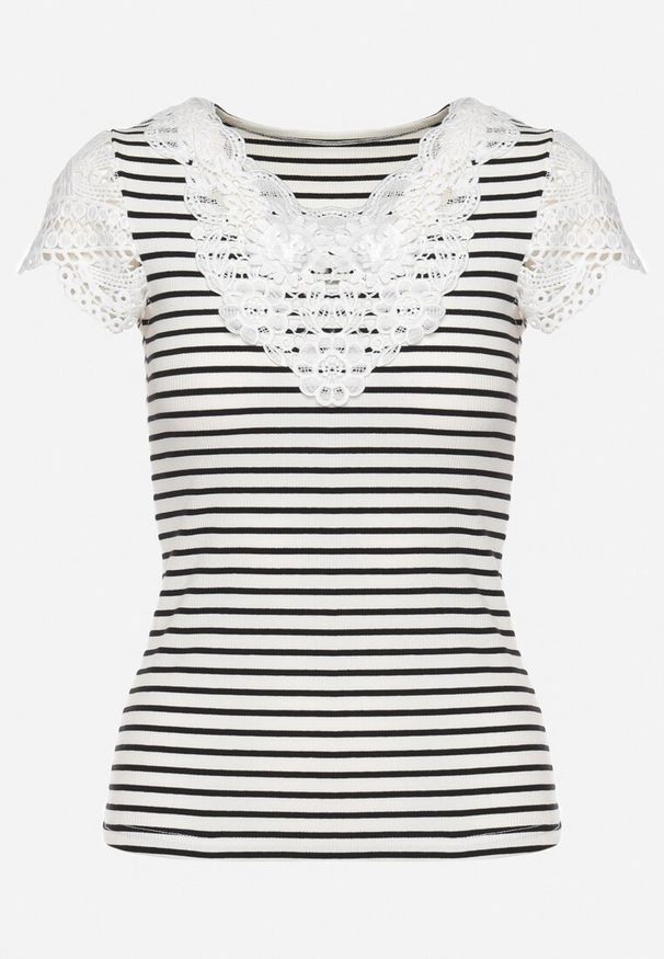 Born2be - Biało-Czarny Bawełniany T-shirt w Paski z Koronkowymi Wstawkami Idamarie. Okazja: na co dzień, na randkę. Typ kołnierza: dekolt w kształcie V. Kolor: biały. Materiał: koronka, bawełna. Długość rękawa: krótki rękaw. Długość: krótkie. Wzór: paski. Styl: casual