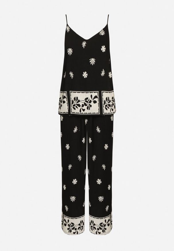 Born2be - Czarny Wiskozowy Komplet Koszulka na Ramiączkach i Spodnie w Kwiaty Adisira. Kolor: czarny. Materiał: wiskoza. Wzór: kwiaty