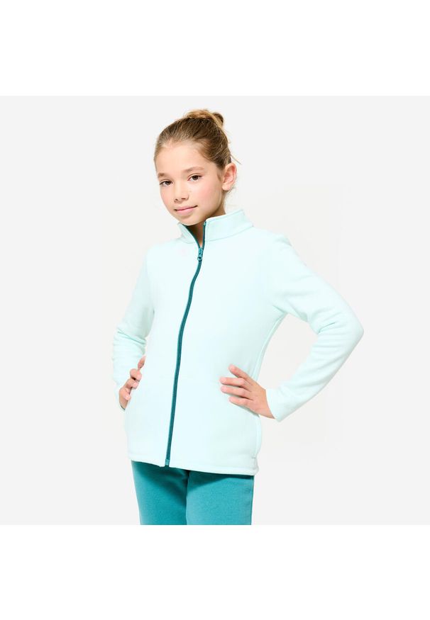 DOMYOS - Dres dziecięcy Domyos Warmy Zip. Okazja: na uczelnię. Kolekcja: plus size. Kolor: zielony. Materiał: bawełna, poliester, materiał. Styl: sportowy