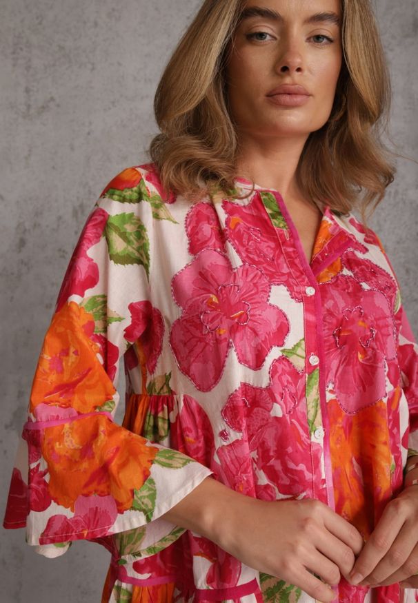 Renee - Różowa Bawełniana Sukienka Koszulowa w Kwiaty z Koralikami Piletes. Kolor: różowy. Materiał: bawełna. Wzór: kwiaty. Typ sukienki: koszulowe. Styl: elegancki, wakacyjny