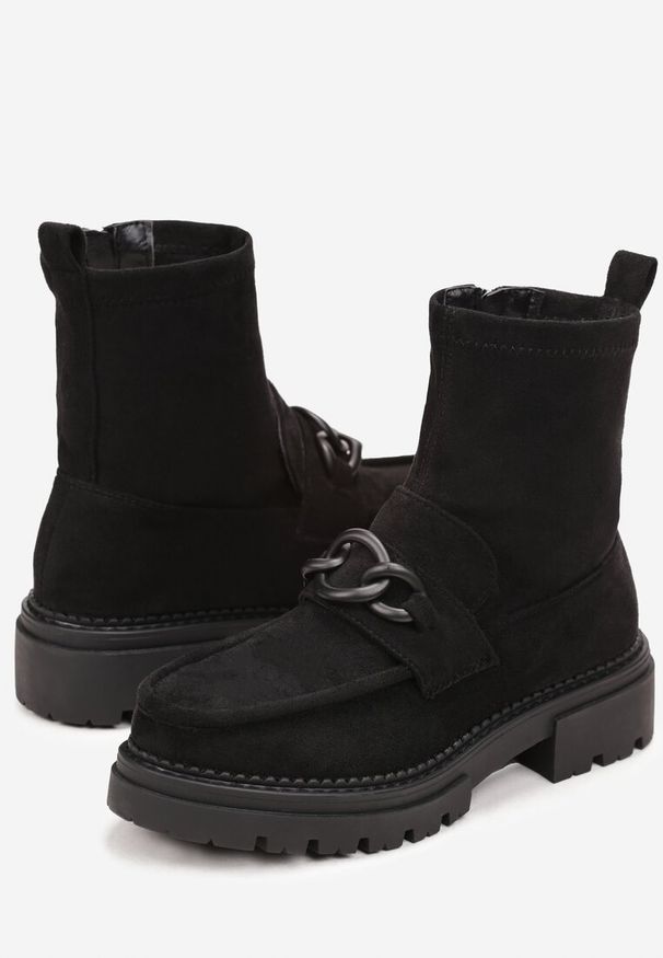Born2be - Czarne Botki z Łańcuchem na Grubej Podeszwie Imore. Okazja: na co dzień. Kolor: czarny. Materiał: jeans, zamsz. Styl: klasyczny, elegancki, casual
