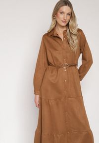 Born2be - Brązowa Wiskozowa Koszulowa Sukienka o Rozkloszowanym Kroju z Paskiem Retirna. Okazja: na co dzień. Kolor: brązowy. Materiał: wiskoza. Typ sukienki: koszulowe. Styl: casual, klasyczny #7