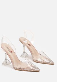 Renee - Beżowe Sandały z Transparentną Cholewką Ozdobioną Cyrkoniami na Geometrycznym Obcasie Cedrella. Kolor: beżowy. Szerokość cholewki: normalna. Wzór: geometria, aplikacja. Obcas: na obcasie. Wysokość obcasa: średni #5