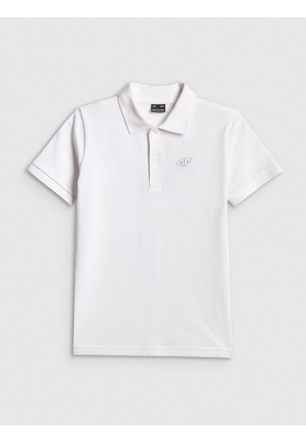 4f - 4F Koszulka polo regular chłopięca - biała 152 (11-12 lat). Okazja: na co dzień, na uczelnię. Typ kołnierza: polo. Kolor: biały. Materiał: bawełna, dzianina. Wzór: ze splotem. Sezon: lato. Styl: sportowy, klasyczny, casual, elegancki