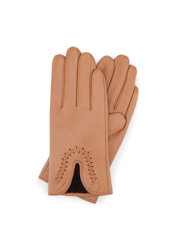 Wittchen - Damskie rękawiczki skórzane z wcięciem camelowe. Materiał: skóra. Styl: klasyczny