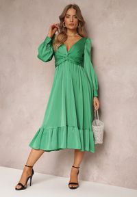 Renee - Zielona Sukienka Midi z Falbanką na Dole i Supełkiem przy Trójkątnym Dekolcie Nimalisa. Kolor: zielony. Typ sukienki: rozkloszowane. Długość: midi #5