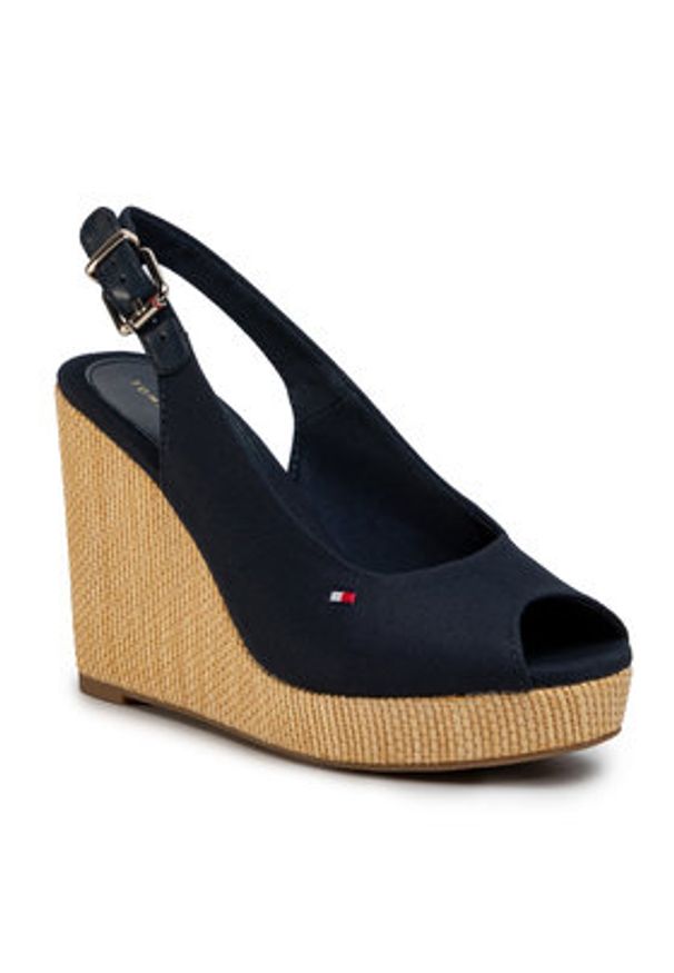 TOMMY HILFIGER - Tommy Hilfiger Sandały Iconic Elena Sling Back Wedge FW0FW04789 Granatowy. Kolor: niebieski. Materiał: materiał