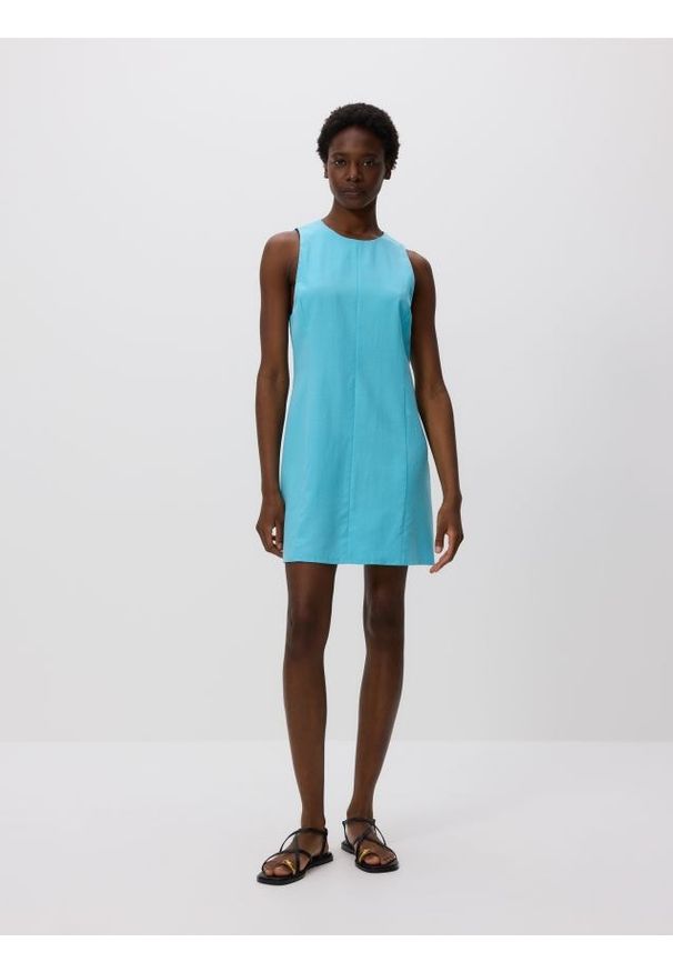 Reserved - Sukienka mini - turkusowy. Kolor: turkusowy. Materiał: tkanina, len. Typ sukienki: proste. Długość: mini