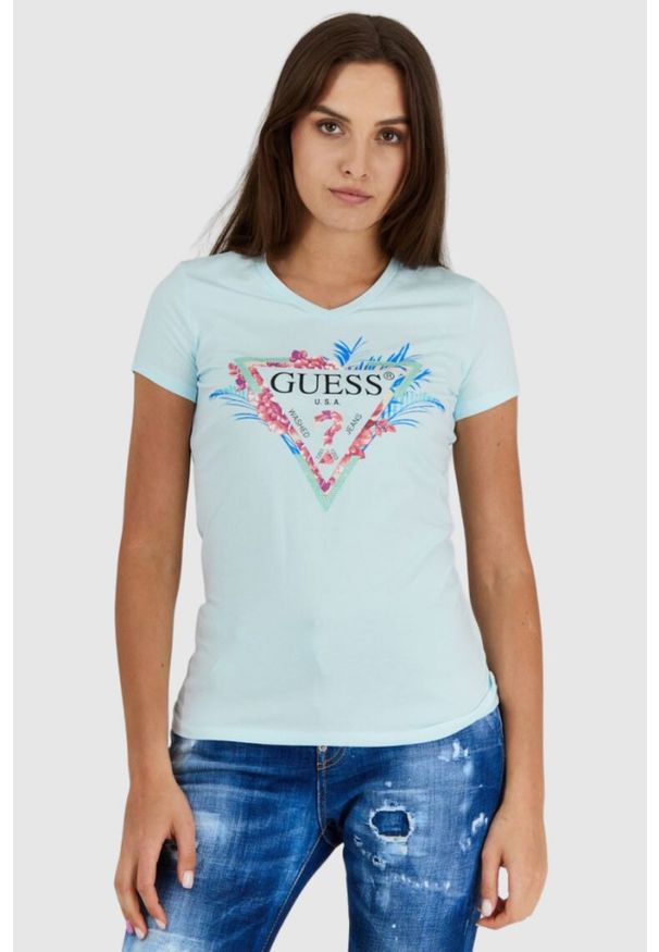 Guess - GUESS Błękitny t-shirt damski z logo z liśćmi i cyrkoniami, Rozmiar L. Typ kołnierza: dekolt w serek. Kolor: niebieski. Materiał: bawełna. Wzór: kwiaty