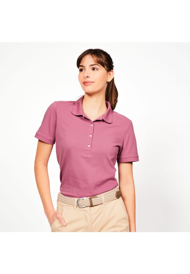 INESIS - Koszulka polo do golfa z krótkim rękawem damska Inesis MW500. Typ kołnierza: polo, golf. Kolor: fioletowy. Materiał: materiał, poliester, bawełna. Długość rękawa: krótki rękaw. Długość: krótkie. Wzór: ze splotem. Styl: klasyczny, sportowy