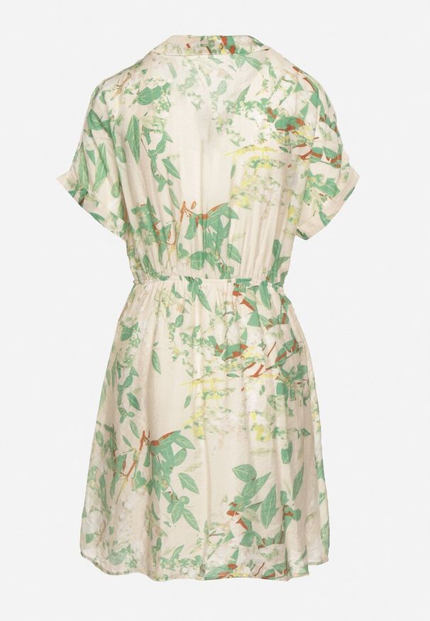 Born2be - Zielona Sukienka Taliowana z Koszulową Górą w Abstrakcyjny Wzór Namselle. Okazja: na co dzień. Kolor: beżowy. Materiał: wiskoza, jeans. Typ sukienki: koszulowe. Styl: klasyczny, casual