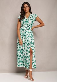 Renee - Zielona Rozkloszowana Sukienka Maxi w Kwiatowy Print z Gumką w Pasie Javiky. Typ kołnierza: kołnierz z falbankami. Kolor: zielony. Materiał: materiał. Wzór: kwiaty, nadruk. Typ sukienki: kopertowe. Długość: maxi #1