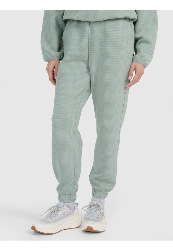 4f - 4F Spodnie dresowe z waflowej dzianiny damskie - turkusowe XXL. Stan: podwyższony. Kolor: turkusowy. Materiał: dresówka, dzianina