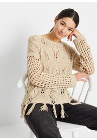 bonprix - Sweter ażurowy. Kolor: beżowy. Wzór: ażurowy