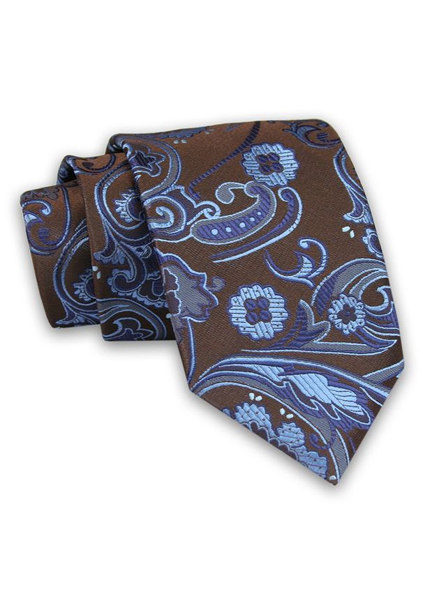 Brązowo-Niebieski Męski Krawat -Chattier- 7,5cm, Klasyczny, Elegancki, w Kwiatki, Motyw Florystyczny. Kolor: niebieski, brązowy, beżowy, wielokolorowy. Materiał: tkanina. Wzór: kwiaty. Styl: klasyczny, elegancki