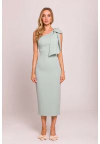 MOE - Elegancka sukienka ołówkowa na jedno ramię z kokardą miętowa. Okazja: na ślub cywilny, na wesele, na imprezę. Typ kołnierza: kokarda. Kolor: czarny, miętowy. Typ sukienki: ołówkowe. Styl: elegancki #1