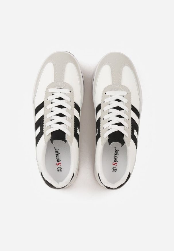 Renee - Białe Sneakersy na Platformie z Geometrycznym Motywem Hippiopis. Okazja: na co dzień. Kolor: biały. Materiał: jeans. Wzór: geometria. Obcas: na platformie