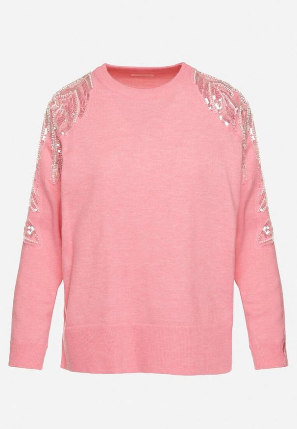 Born2be - Różowy Sweter z Dodatkiem Modalu i Wiskozy z Perłami i Cekinami na Ramionach Ivenise. Kolor: różowy. Materiał: wiskoza. Sezon: zima