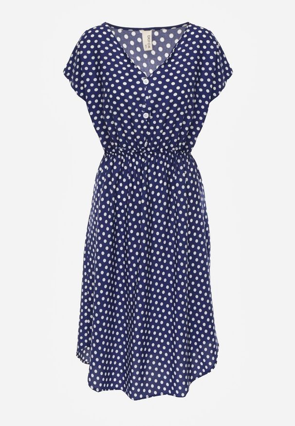 Renee - Granatowa Sukienka z Bawełny o Rozkloszowanym Kroju z Gumką w Talii Emilla. Okazja: do pracy, na co dzień, na spotkanie biznesowe. Kolor: niebieski. Materiał: bawełna. Długość rękawa: krótki rękaw. Typ sukienki: rozkloszowane. Styl: elegancki, biznesowy, casual