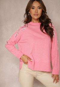 Renee - Różowy Sweter z Wiskozą i Modalem Ozdobiony Cekinami i Perłami Iveara. Kolor: różowy. Materiał: wiskoza. Wzór: aplikacja. Sezon: zima