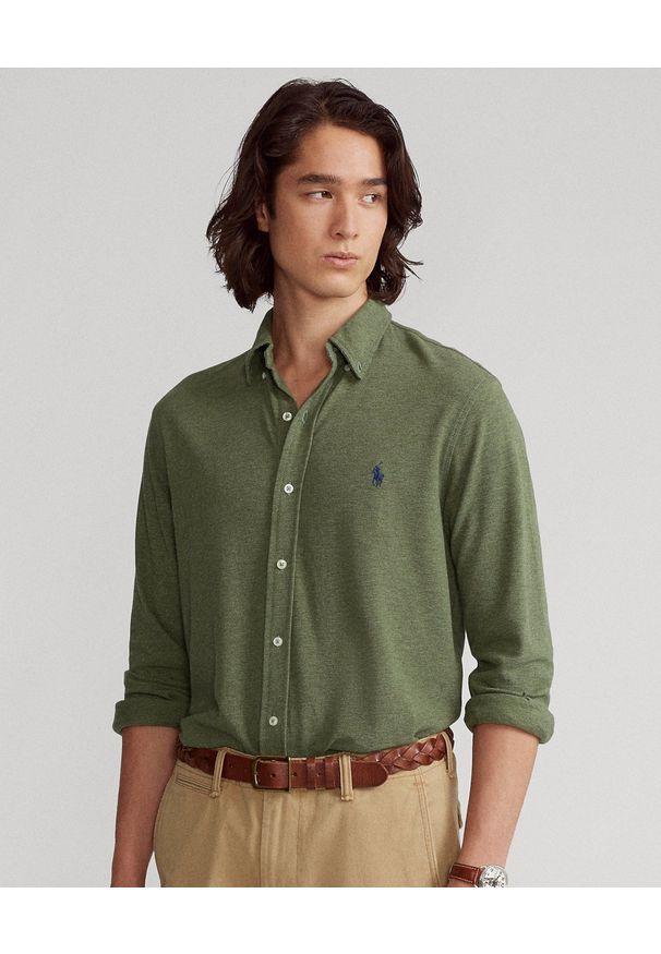 Ralph Lauren - RALPH LAUREN - Zielona koszula Featherweight Mesh Custom Fit. Typ kołnierza: polo. Kolor: zielony. Materiał: mesh. Długość rękawa: długi rękaw. Długość: długie. Wzór: haft