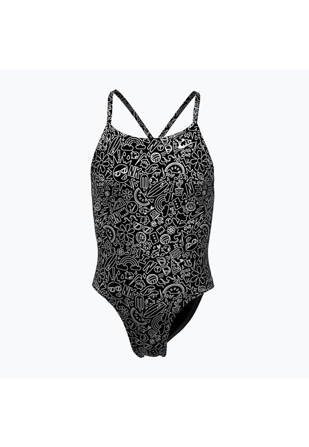 Strój pływacki jednoczęściowy dziecięcy Nike Hydrastrong Charms Multi Print Lace. Kolor: czarny. Wzór: nadruk
