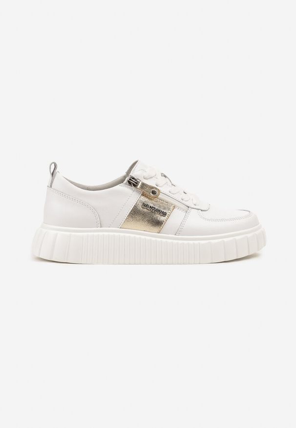 Renee - Białe Sneakersy ze Skóry Naturalnej z Metalicznym Zdobieniem Zorentee. Okazja: na spacer, na co dzień. Kolor: biały. Materiał: skóra. Wzór: aplikacja. Sport: turystyka piesza