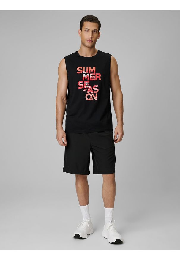 4f - 4F Koszulka bez rękawów regular z nadrukiem męska - czarna S. Kolor: czarny. Materiał: dzianina, bawełna. Długość rękawa: bez rękawów. Wzór: nadruk. Sezon: lato