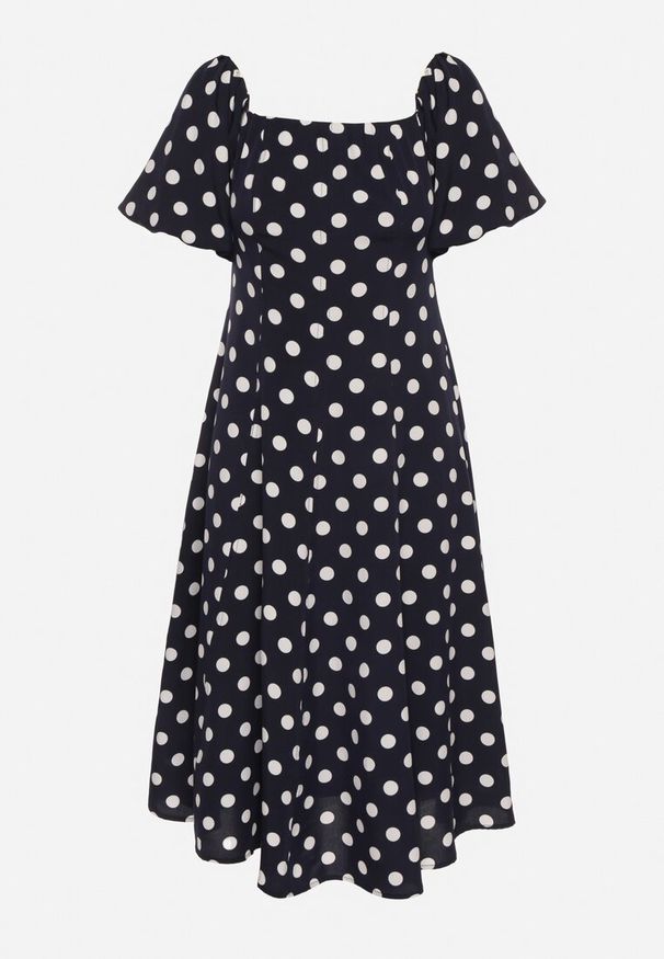 Born2be - Granatowa Rozkloszowana Sukienka Vices w Grochy z Dekoltem Typu Hiszpanka Zimina. Okazja: na co dzień. Typ kołnierza: dekolt hiszpanka. Kolor: niebieski. Materiał: materiał, skóra. Wzór: grochy. Typ sukienki: proste. Styl: casual, klasyczny