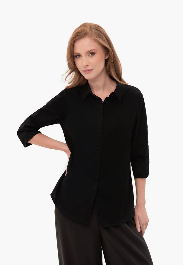 Volcano - Czarna koszula K-SWAN. Okazja: na co dzień, na spotkanie biznesowe, do pracy. Kolekcja: plus size. Kolor: czarny. Materiał: elastan, bawełna, materiał. Wzór: haft. Styl: casual, biznesowy, elegancki, klasyczny